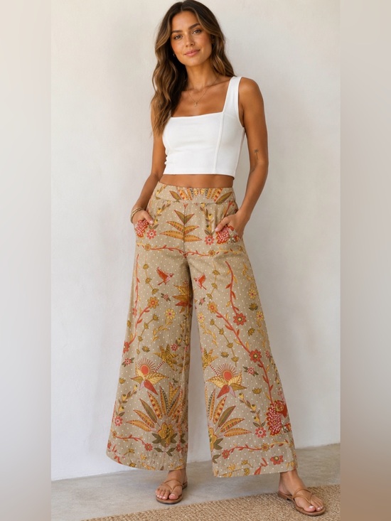 Rose & Olive Pants - Rose & Olive Beige Floral Wide-Leg Pants Coral Mustard Print Size M EUC Boho